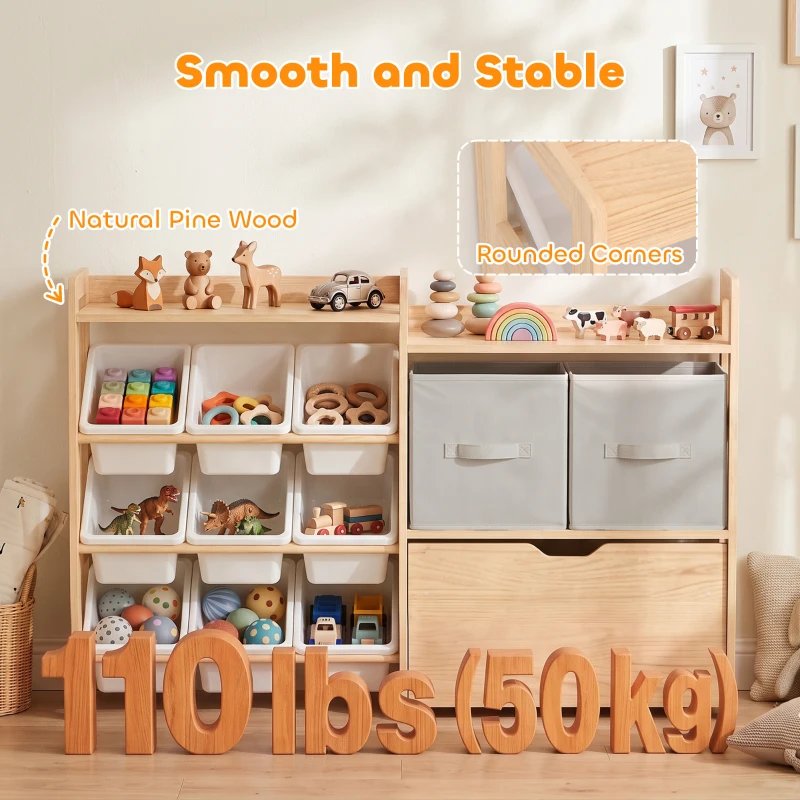 Qaba Wooden Toy Storage Organizer with Rolling Toy Chest, 2 Fabric Drawers, 2 Shelves and 9 Bins for Kids Rooms, Nursery