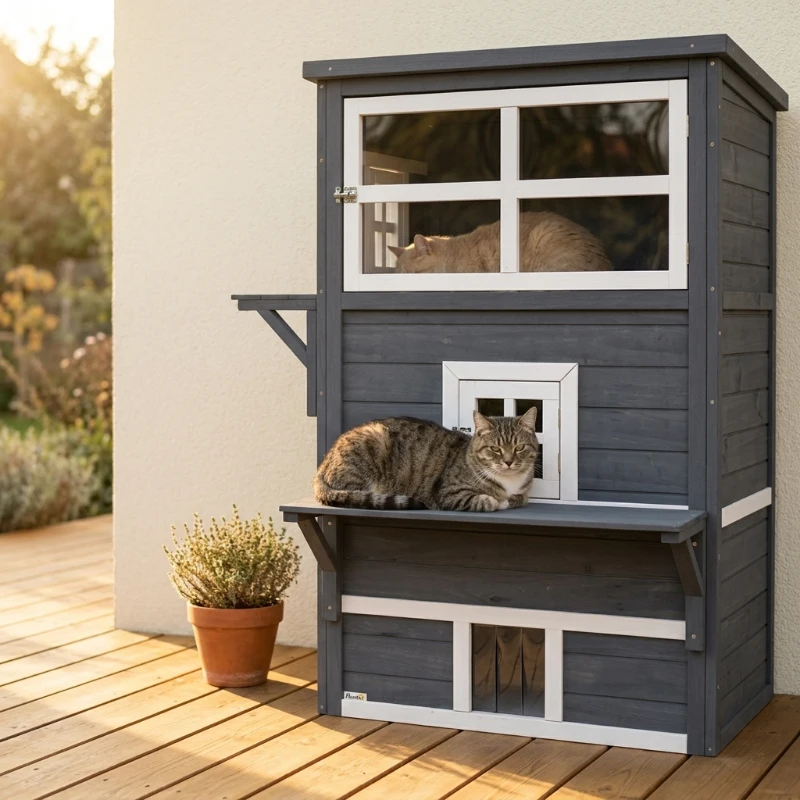 PawHut Cat House, Outdoor 3-Tier Kitty Shelter, Weather Resistant, w/ Escape Door