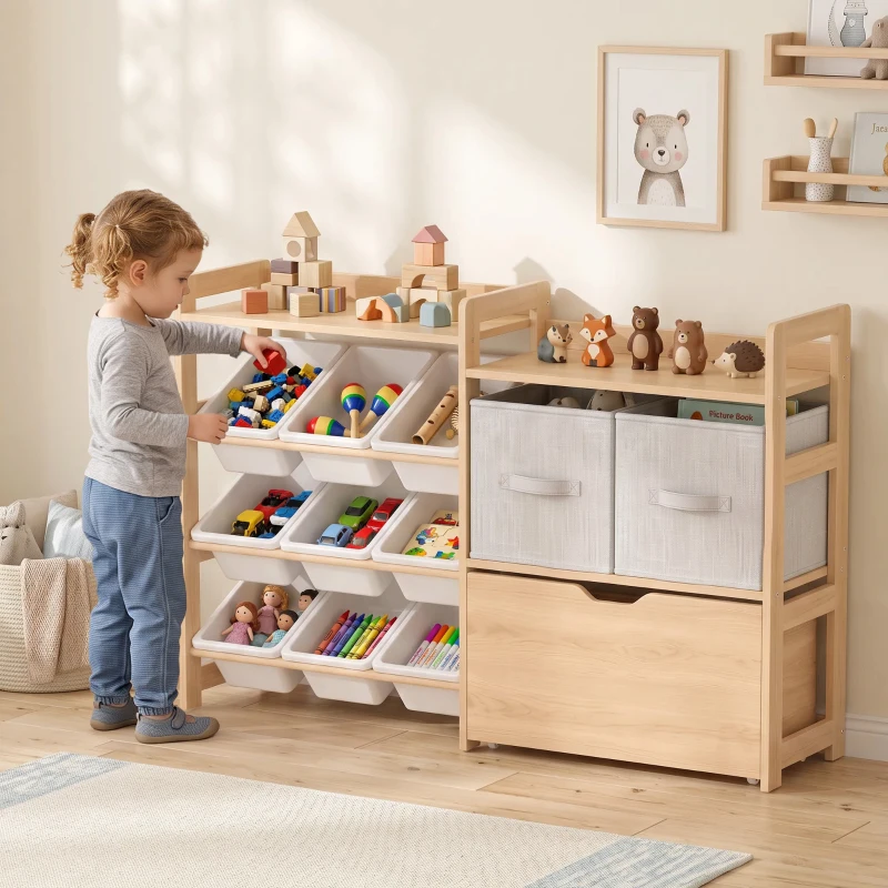 Qaba Wooden Toy Storage Organizer with Rolling Toy Chest, 2 Fabric Drawers, 2 Shelves, 9 Bins for Bedroom, Playroom, Nursery