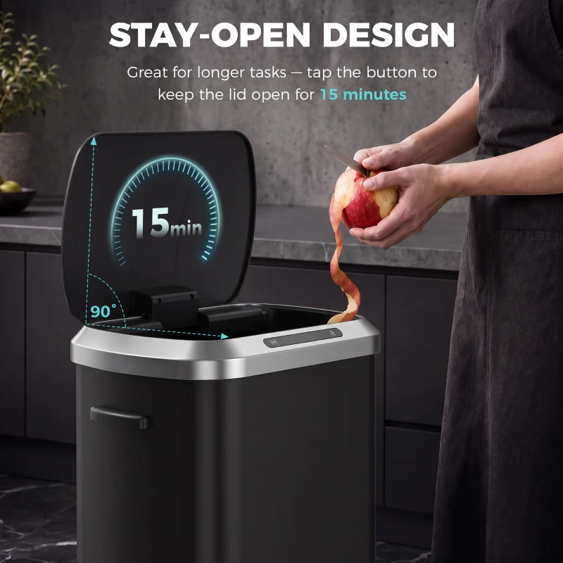 HOMCOM Automatic Trash Can, 13.2Gal / 50L Touchless Garbage Can with Soft-Close Lid, Stay Open, Stainless Steel, Black