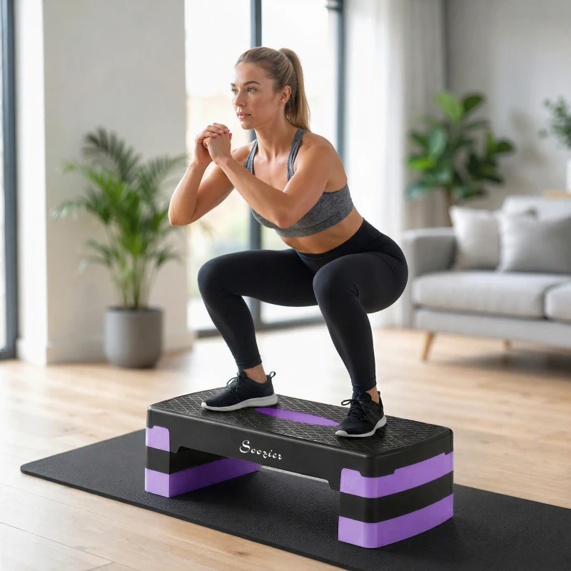 Soozier Aerobic Exercise Step Platform, 4"/6"/8" Adjustable Aerobic Stepper with Risers, Workout Stepper for Home Gym, Purple