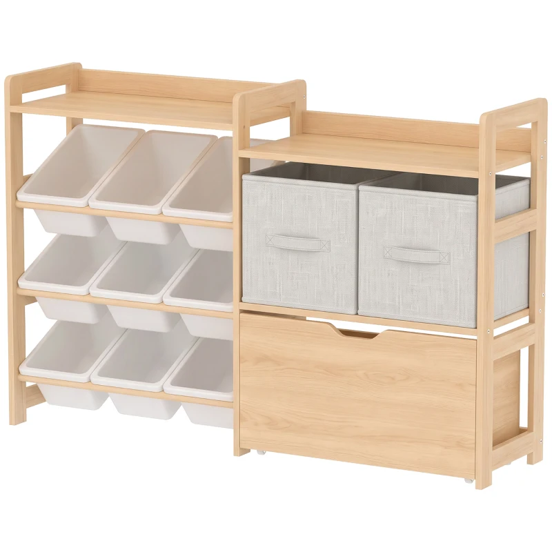 Qaba Wooden Toy Storage Organizer with Rolling Toy Chest, 2 Fabric Drawers, 2 Shelves and 9 Bins for Kids Rooms, Nursery