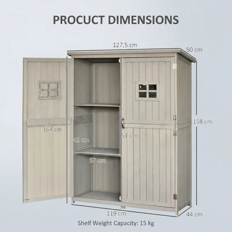 Outsunny 4x1.5ft Wooden Garden Sheds, Outdoor Storage with Windows and Double Door for Gardeners, Grey