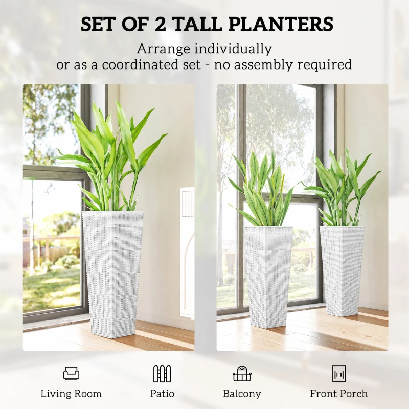 Outsunny 32 Inch Tall Planters for Outdoor Plants, Set of 2 Plastic Flower Pots with Drainage Holes, White