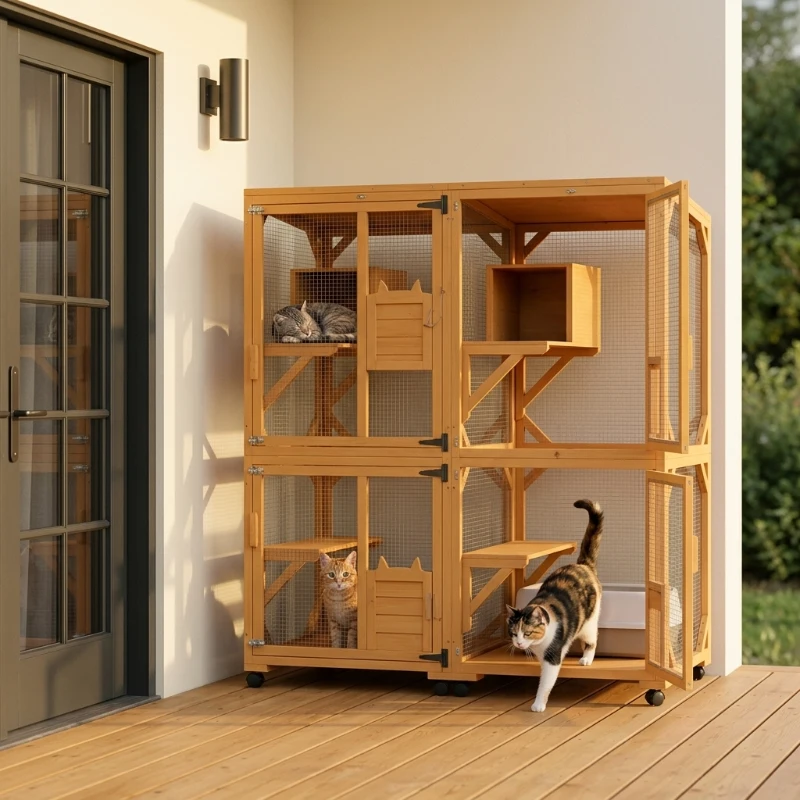PawHut 2PCs Wooden Catio with Waterproof Roof, Resting Box, Wheels, Orange