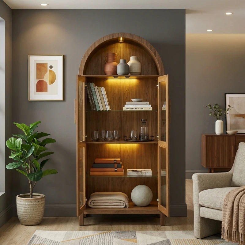 Arched Top Storage Cabinet with LED Light Strip, Adjustable Glass Shelves, Modern Bookcase for Living Room, 30" L x 15.5" W x 67" H, Brown