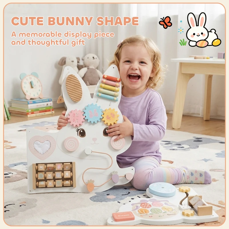 Qaba Easter Bunny Busy Board, Wooden Wall-Mounted Montessori Sensory Toys, Gift for Girls Boys for 1.5-6 Y, White