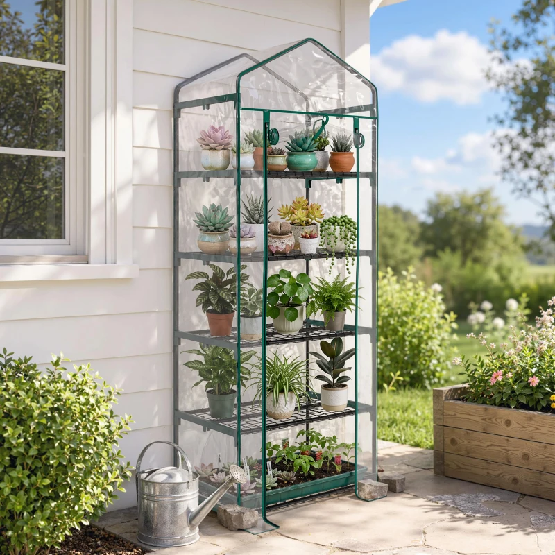 Outsunny 5 Tier Mini Greenhouse, Portable Outdoor Flower Stand with Shelf Clips, Indoor Greenhouse with Steel Frame, Transparent, 27.25" x 19.25" x 76", Clear