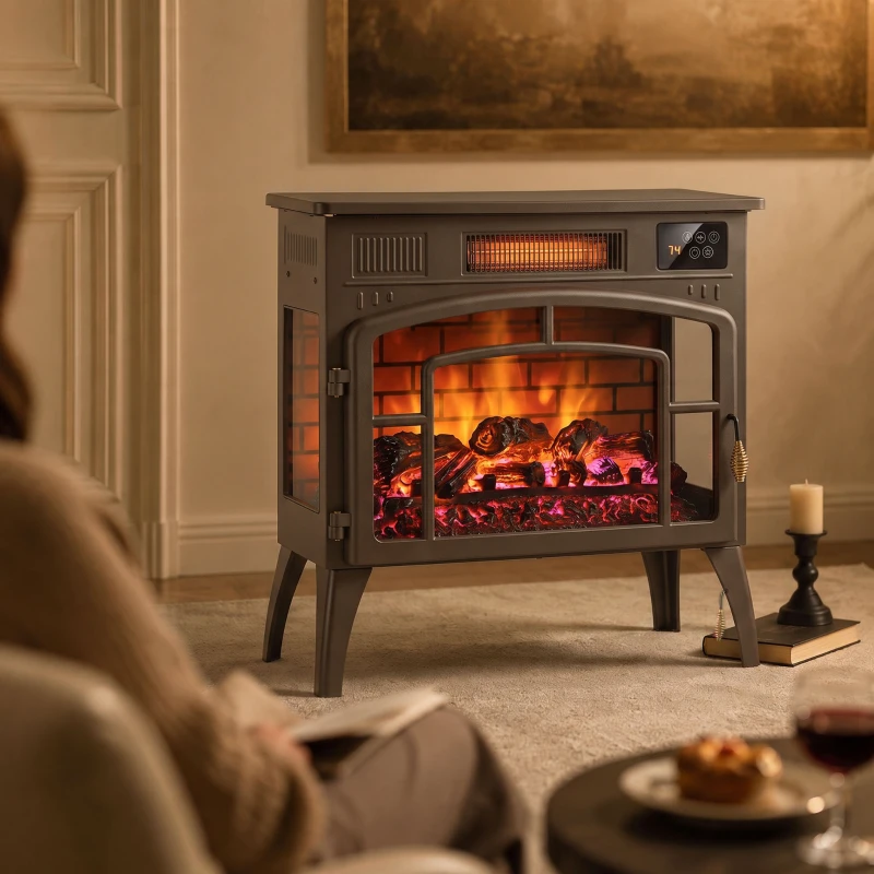 HOMCOM 3-Sided Glass WiFi Electric Fire Heater, Smart Electric Fireplace Stove, Brown