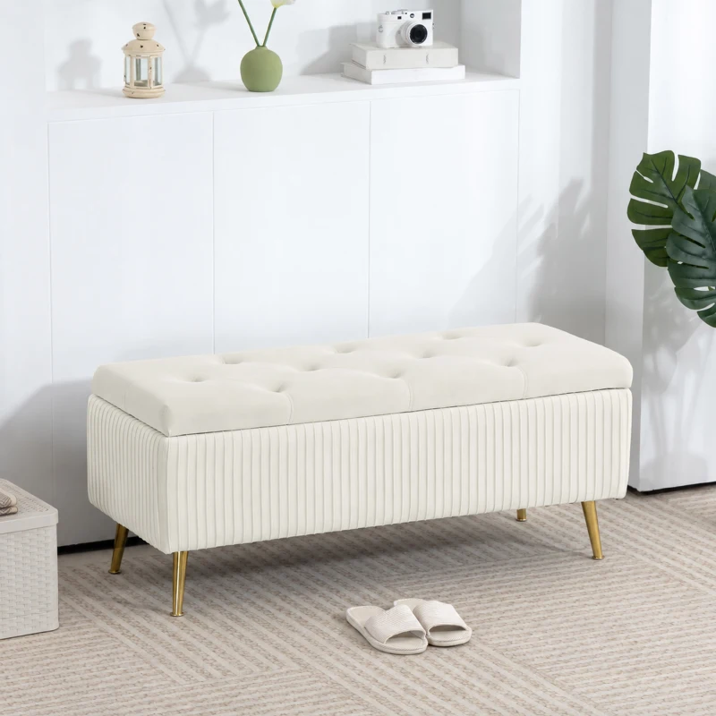 HOMCOM Storage Ottoman Bench, 43 Inch Large Storage Chest with Steel Legs and Padded Seat, Foot Rest, Load 485 lbs, Beige