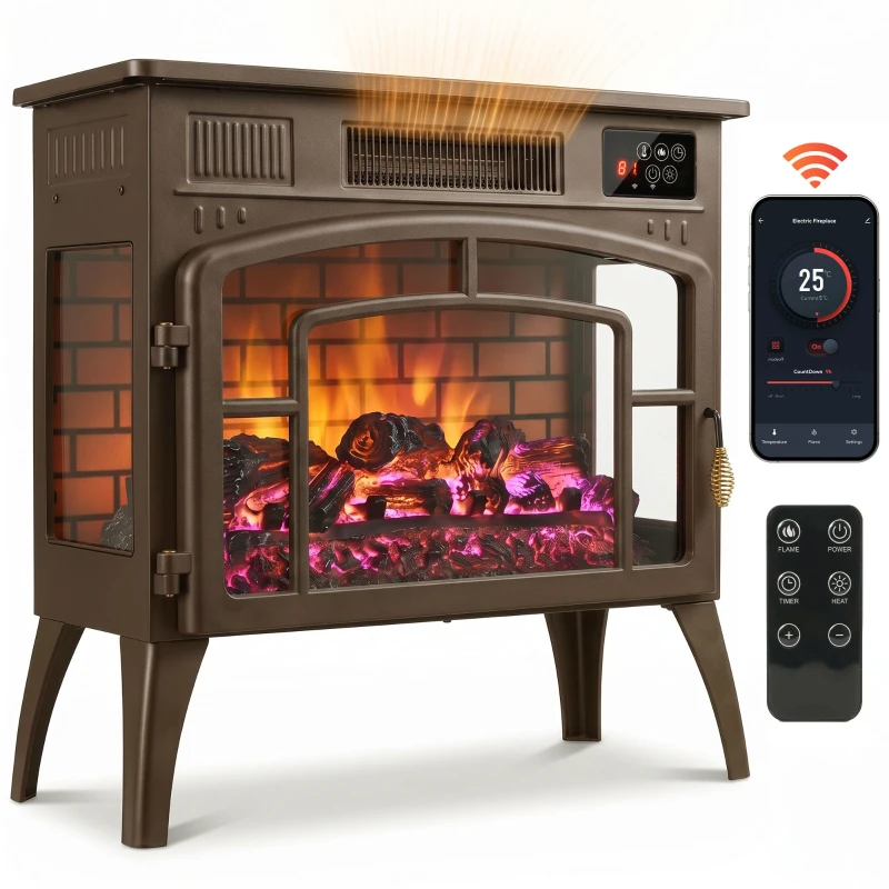 HOMCOM 3-Sided Glass WiFi Electric Fire Heater, Smart Electric Fireplace Stove, Brown