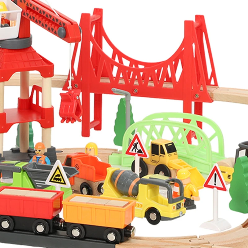Qaba 91-Piece Wooden Train Set, Toy Railway Set with Magnetic Crane, Sound Effects Track, for Kids Ages 3+