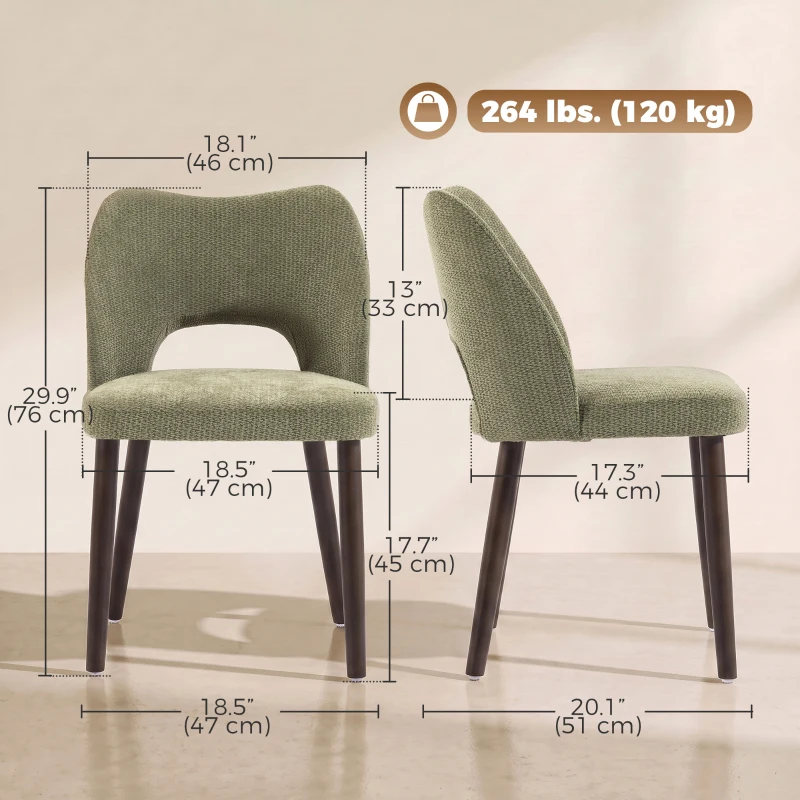 HOMCOM Dining Chairs Set Upholstered Kitchen Chenille Tool Free Assembly Rubberwood Legs, Green