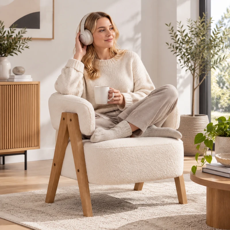 HOMCOM Sherpa Fleece Accent Chair, Upholstered Armchair with Solid Wood Legs for Living Room, White