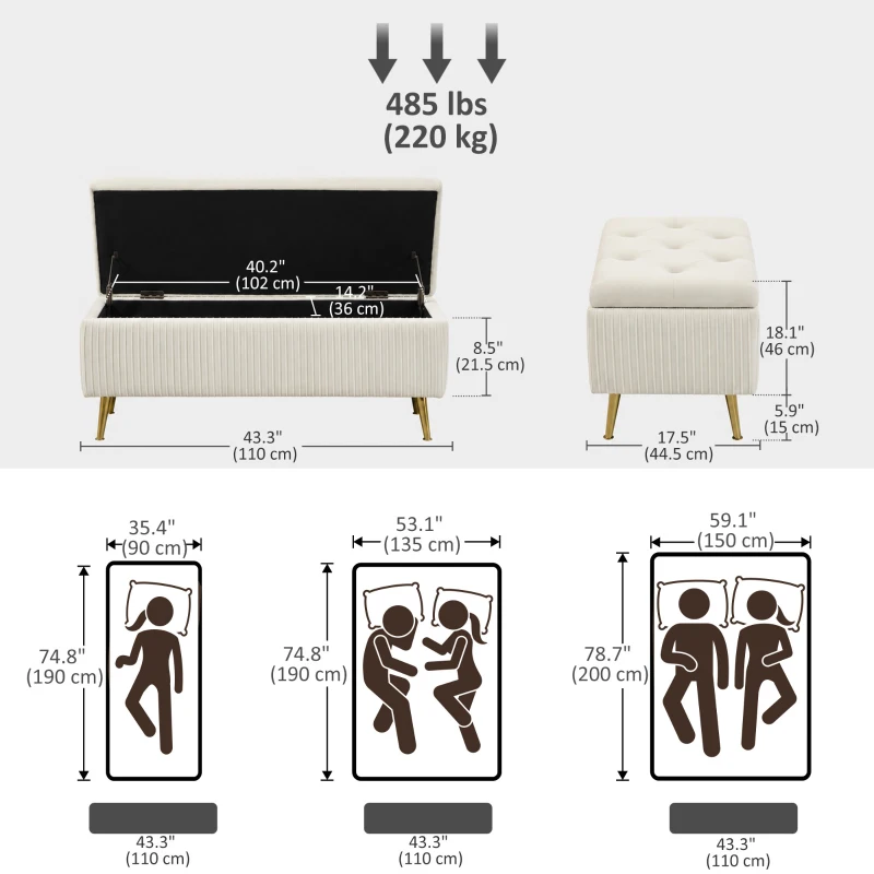 HOMCOM Storage Ottoman Bench, 43 Inch Large Storage Chest with Steel Legs and Padded Seat, Foot Rest, Load 485 lbs, Beige