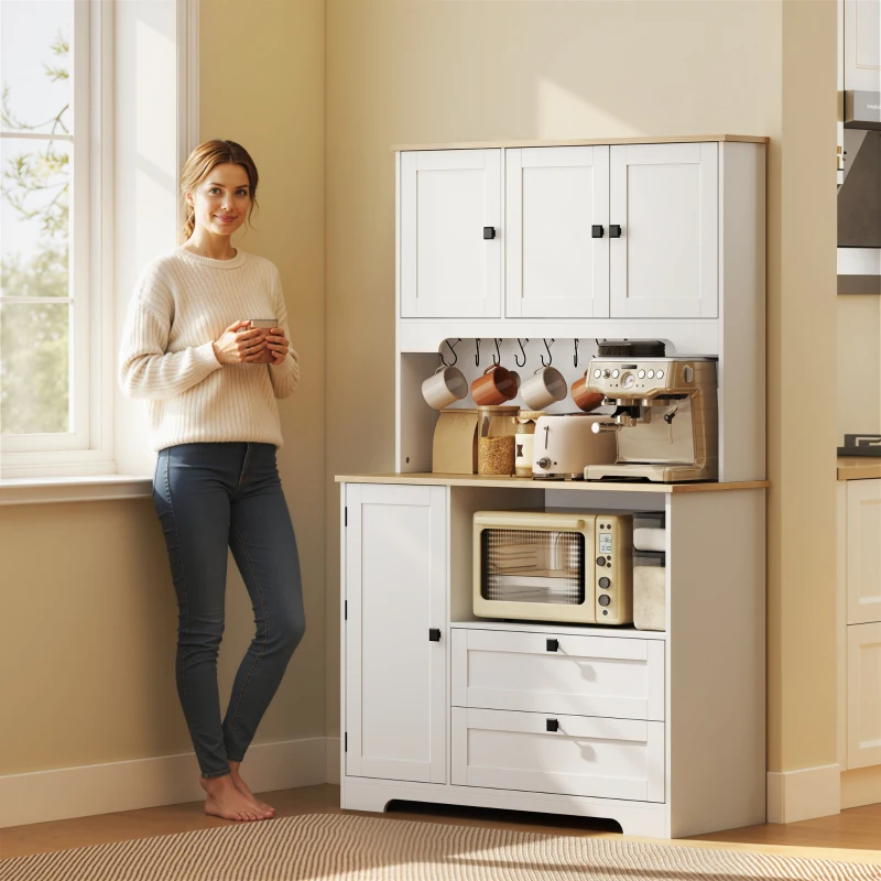 HOMCOM Kitchen Pantry Cabinet, 64" Tall Kitchen Hutch with 3 Cabinets, 2 Drawers, Adjustable Shelves, Microwave Stand, White