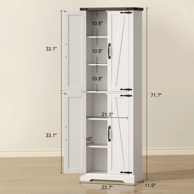 HOMCOM 72" Tall Pantry Cabinet, Farmhouse Freestanding Kitchen Storage Cabinet with Adjustable Shelves for Dining Room, White