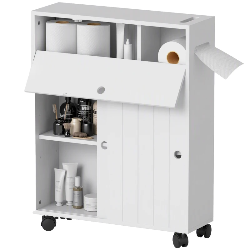 kleankin Bathroom Storage Cabinet, Bathroom Cabinet with 4 Rolling Wheels and Paper Holes, 20.5" x 6.75" x 26.5", White