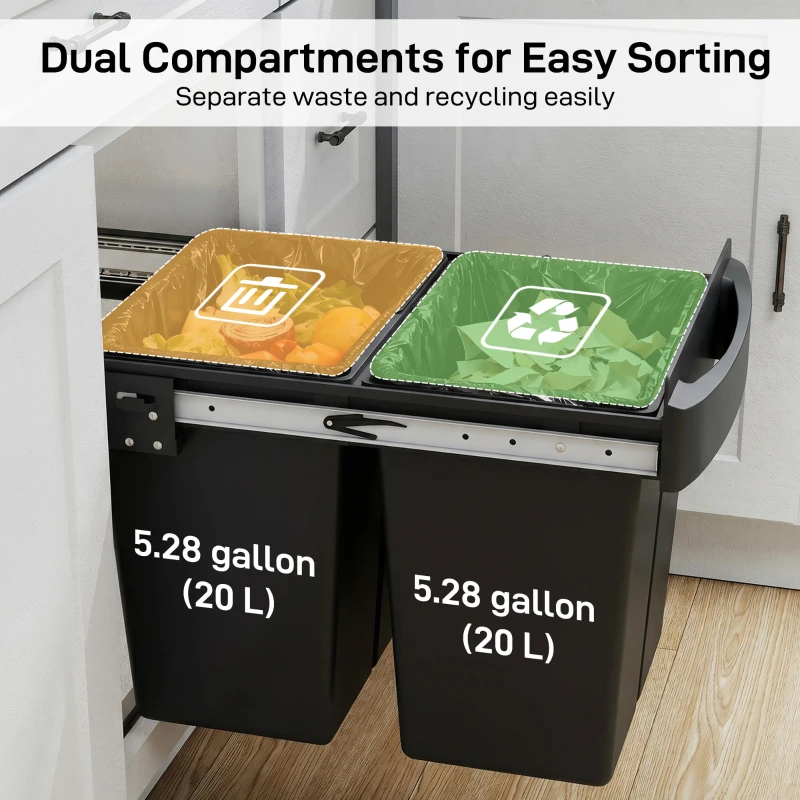 HOMCOM Pull Out Trash Can Under Cabinet, 10.6 Gallon (40L) Slide Out Garbage Can with 2 Removable Compartments, Black
