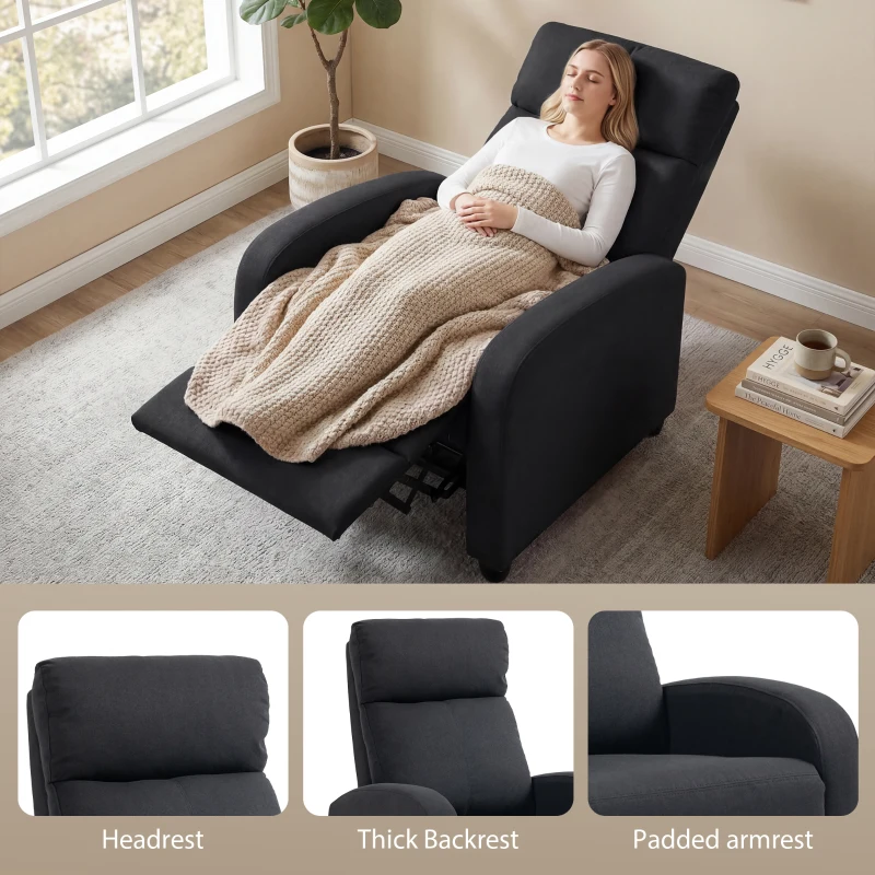 HOMCOM Fabric Recliner Chair, Manual Home Theater Seating, Single Reclining Sofa Chair with Padded Seat for Living Room, Black