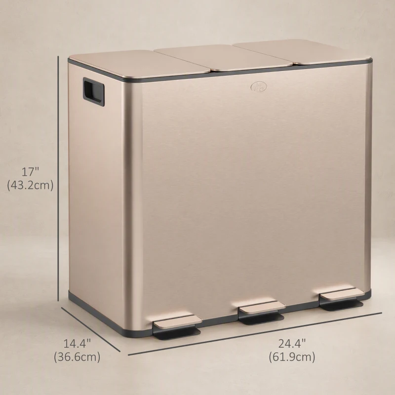 HOMCOM Garbage Bin, Soft-Close Trash Can with Foot Pedal, 3x4 Gallon (3x15 L) Garbage Can with Removable Inner Buckets, Gold