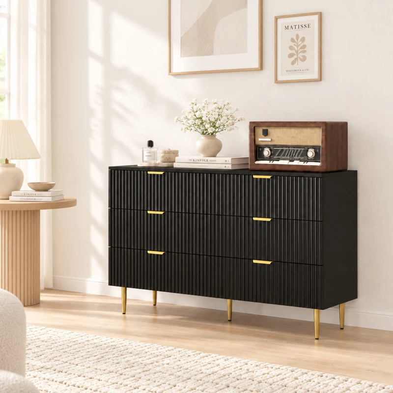 HOMCOM Modern Chest of Drawers 6 Drawer Dresser for Bedroom with Gold Legs and Handles, Black
