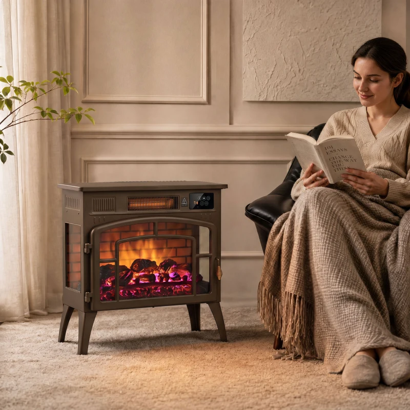 HOMCOM 3-Sided Glass WiFi Electric Fire Heater, Smart Electric Fireplace Stove, Brown