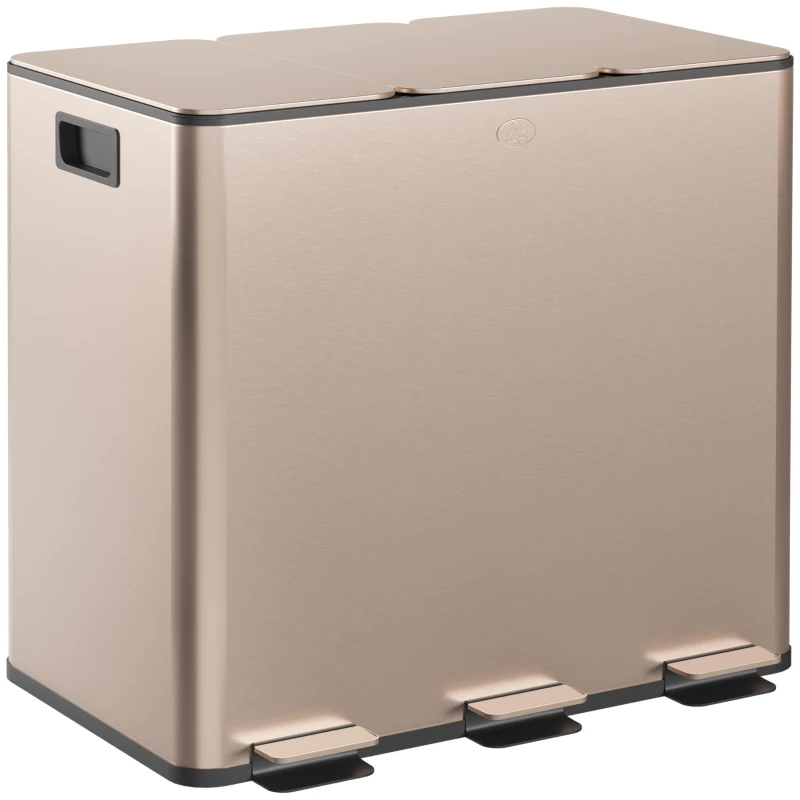 HOMCOM Garbage Bin, Soft-Close Trash Can with Foot Pedal, 3x4 Gallon (3x15 L) Garbage Can with Removable Inner Buckets, Gold