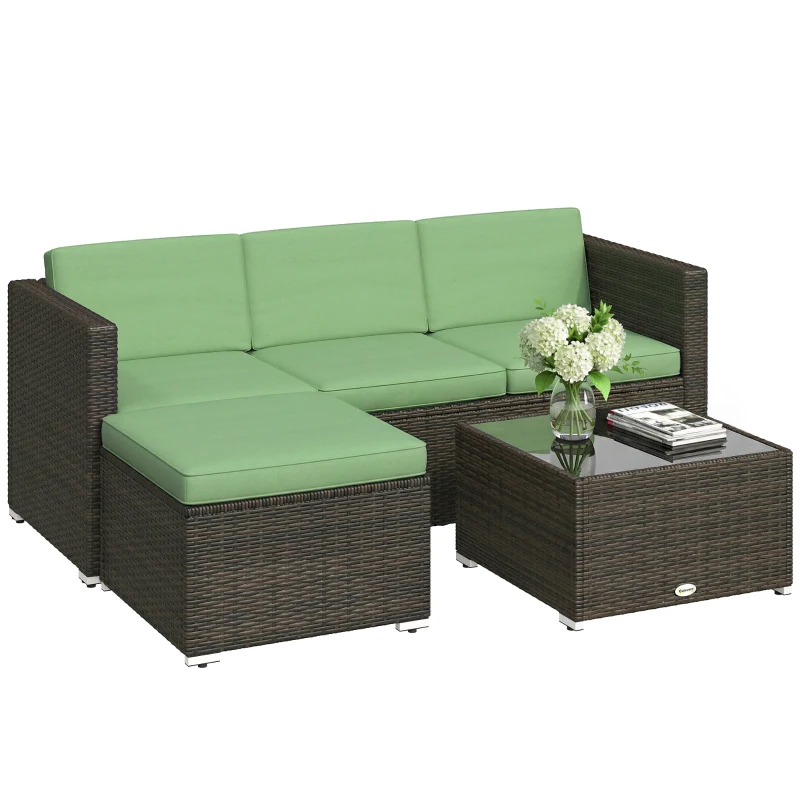 Outsunny 3 Pieces Patio Furniture Set with Cushions, Outdoor PE Rattan Wicker Conversation Corner Sofa Set, Light Green