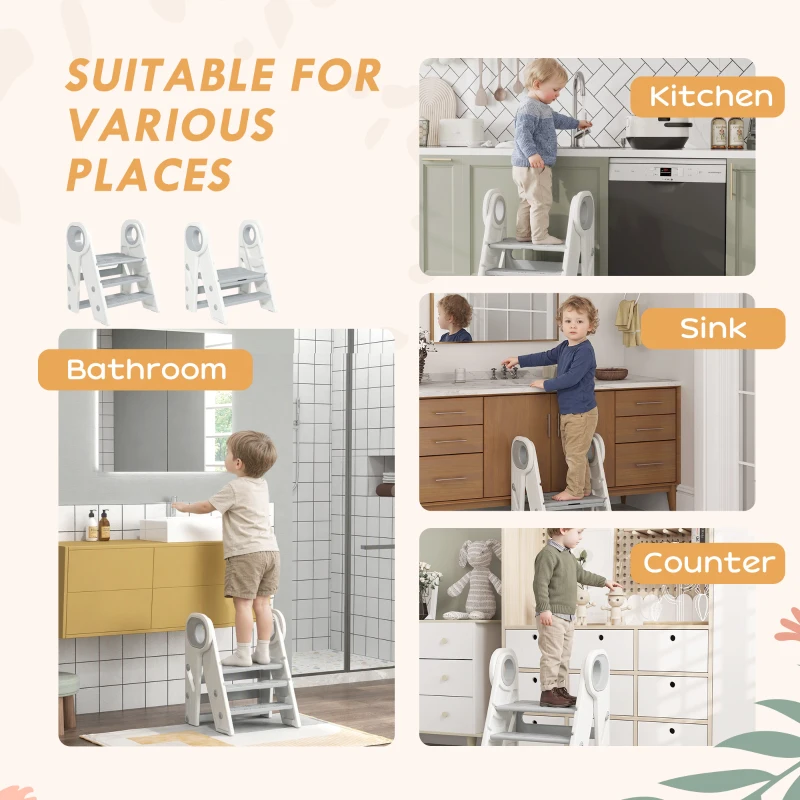 Qaba Foldable & Adjustable Kitchen Stool Helper with Handles, Non-Slip, for Bathroom, Sink, Kitchen, Gray