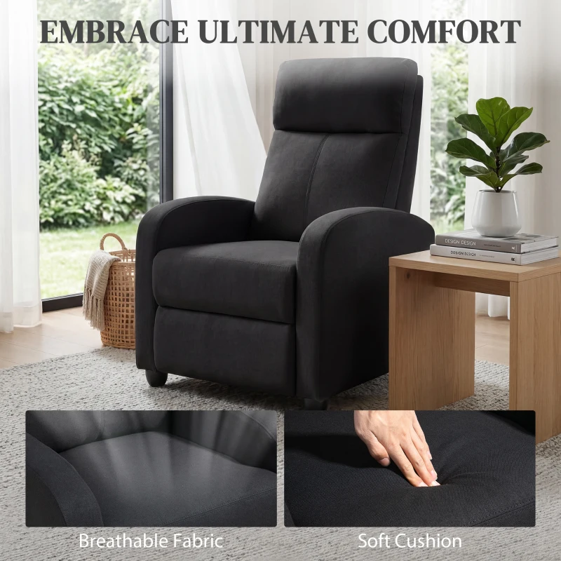 HOMCOM Fabric Recliner Chair, Manual Home Theater Seating, Single Reclining Sofa Chair with Padded Seat for Living Room, Black