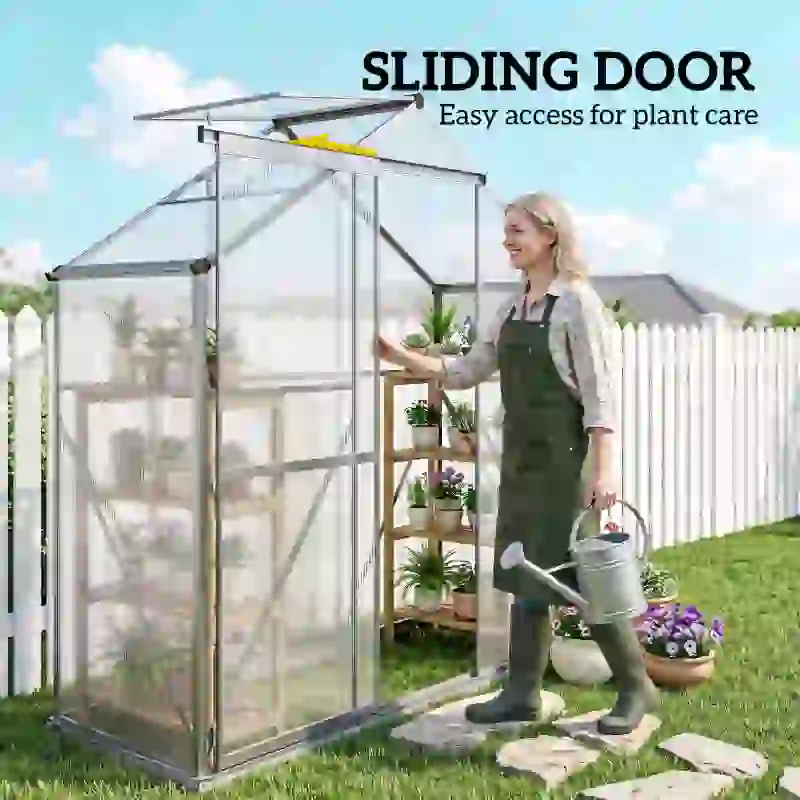 Outsunny 6' x 2.5' Walk-in Polycarbonate Greenhouse Aluminium Green House with Sliding Door, 5-Level Roof Vent, Rain Gutter