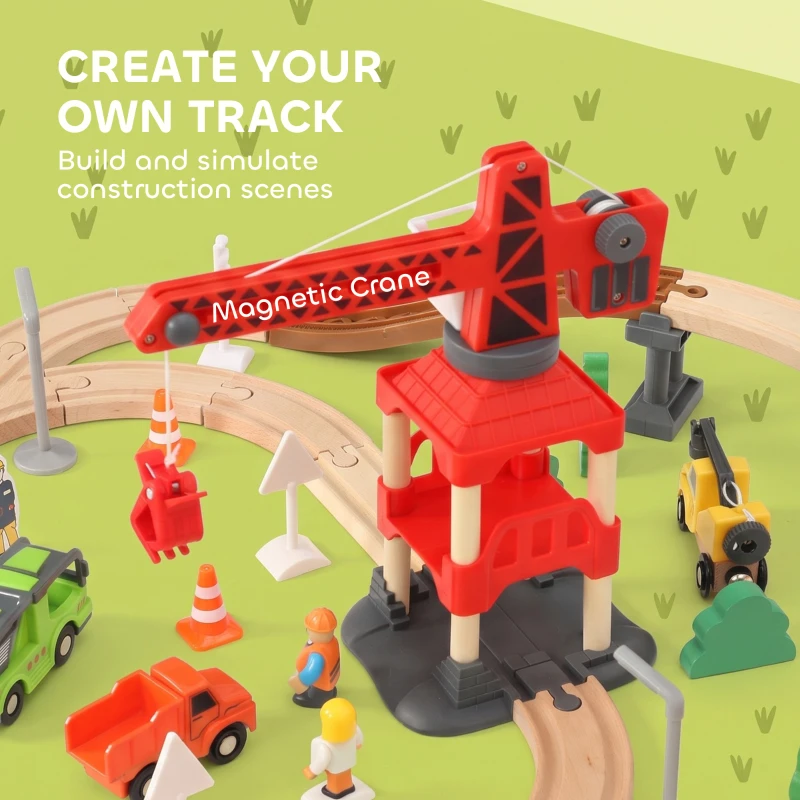 Qaba 91-Piece Wooden Train Set, Toy Railway Set with Magnetic Crane, Sound Effects Track, for Kids Ages 3+