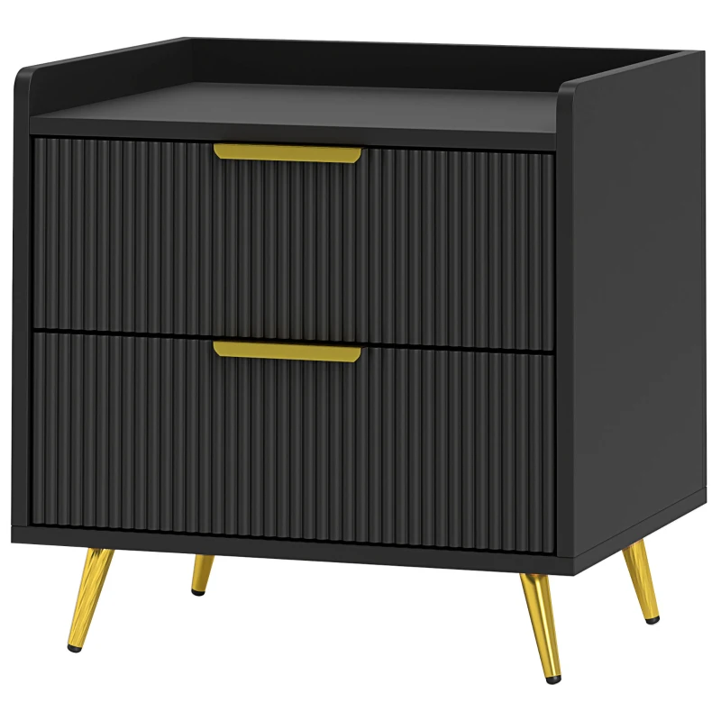 HOMCOM Bedside Table, Nightstand with 2 Drawers, Side End Table with Metal Legs for Bedroom, Black