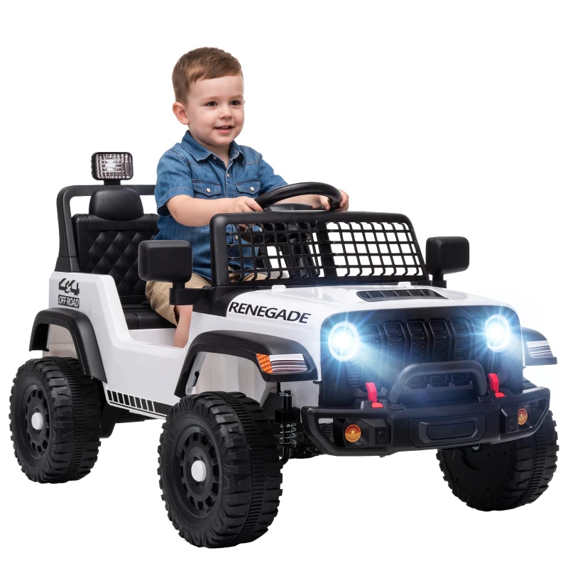 Qaba 12V Ride on Truck Car with Remote, Soft Start, 4-Wheel Suspension, Safety Belt, Lights, USB Music for Ages 2-4, White