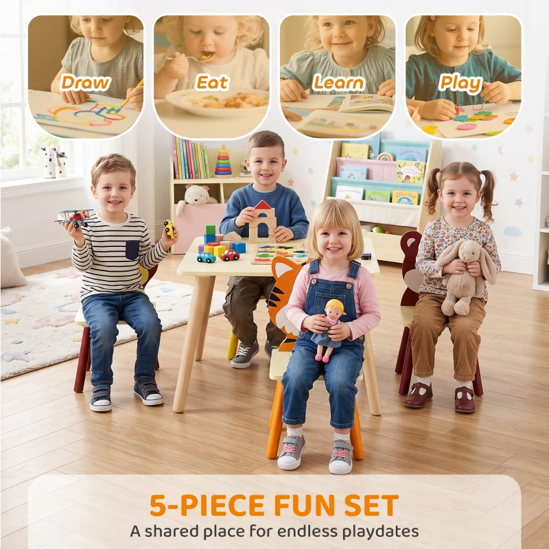 Qaba Kids Table and 4 Chairs Set for Art, Craft, Drawing and Snack Time, Playroom, Classroom, Nursery, Boys Girls 3-8, Yellow