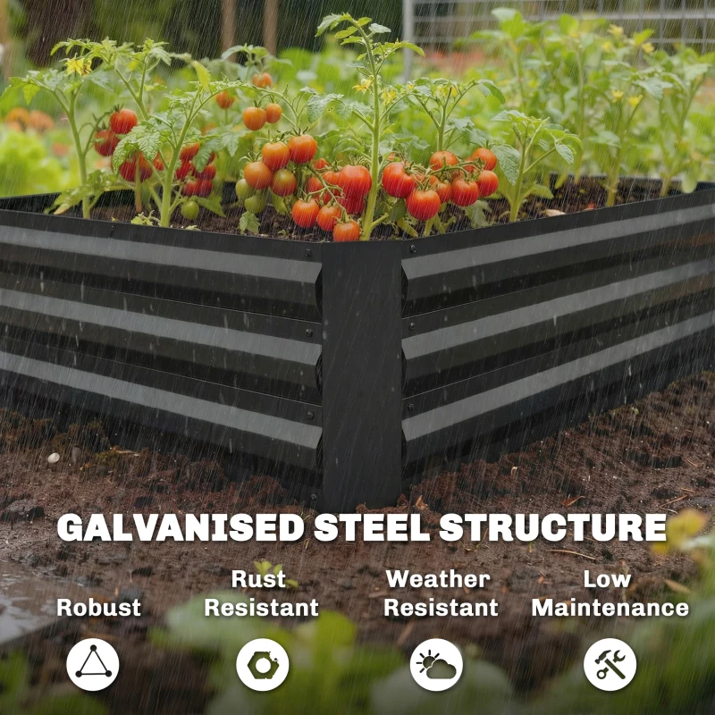 Outsunny Galvanized Raised Garden Bed with Trellis for Climbing Plants, Outdoor Planter Box with Open Bottom, Black