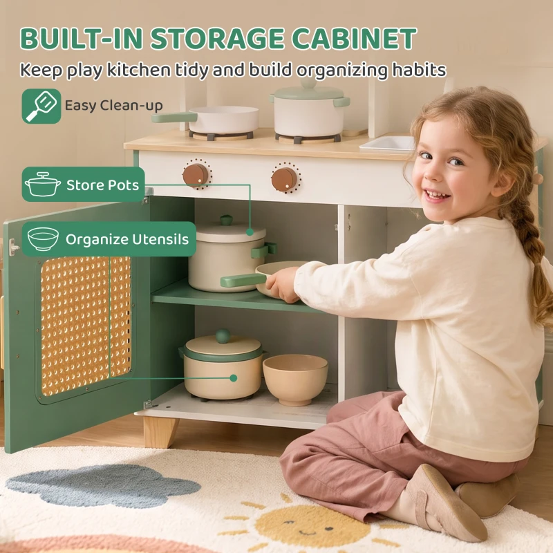 Qaba Wooden Play Kitchen Set with Microwave, Coffee Machine, Ice Maker & 19PCs Accessories, Gift for Ages 3-6 Years, Green
