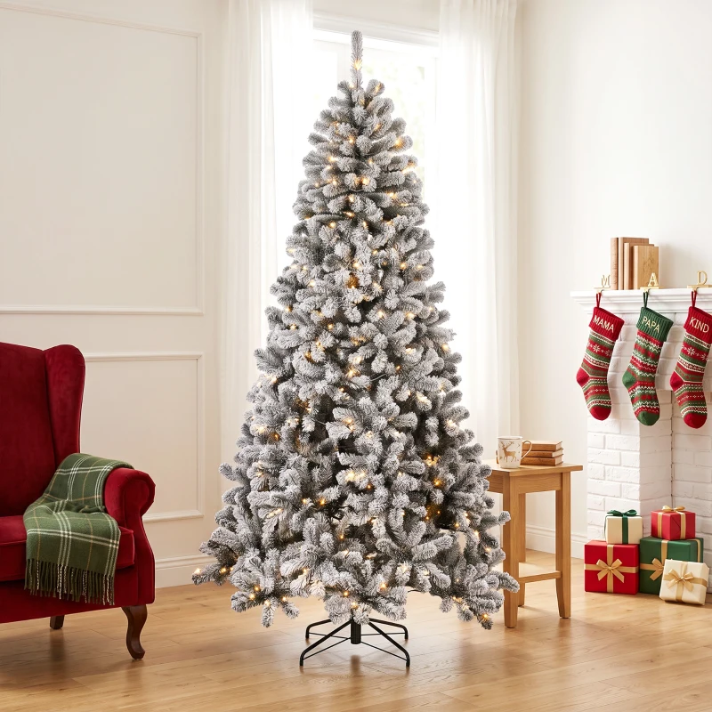 HOMCOM 6ft Flocked Prelit Christmas Tree, Northern Pine, Artificial Xmas Tree with Curved Tips, LEDs