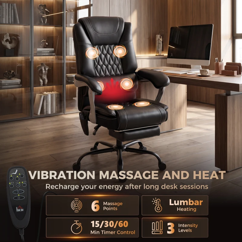 HOMCOM 400lbs Massage Office Chair with Heat, Big and Tall Desk Chair, Lumbar Support, Reclining, Footrest, Black