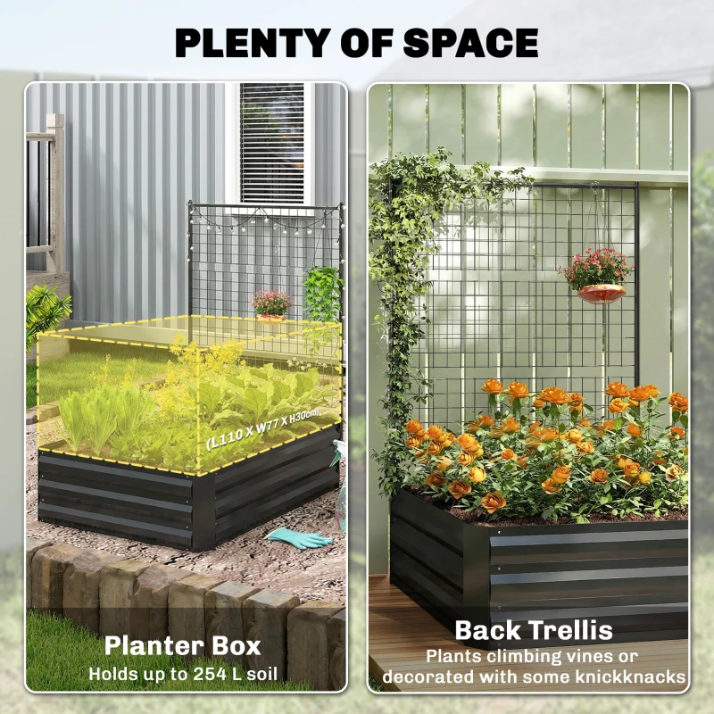 Outsunny Galvanized Raised Garden Bed with Trellis for Climbing Plants, Outdoor Planter Box with Open Bottom, Black