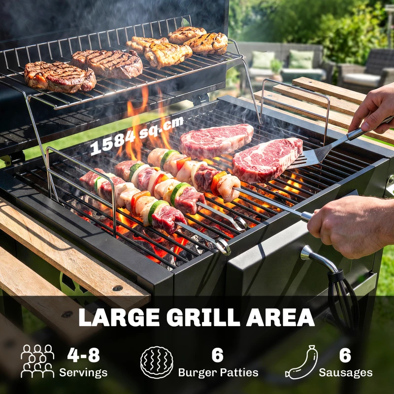 Outsunny 20" Charcoal BBQ Grill Barbecue on Wheels with Adjustable Charcoal Pan, Spacious Cooking Area, 3 Shelves, Thermometer