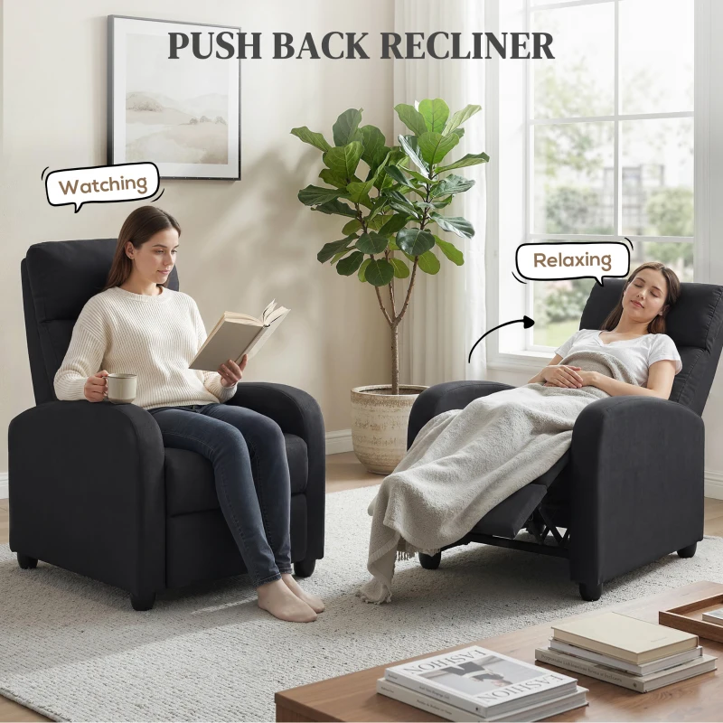 HOMCOM Fabric Recliner Chair, Manual Home Theater Seating, Single Reclining Sofa Chair with Padded Seat for Living Room, Black