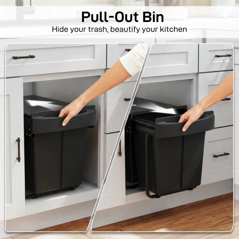 HOMCOM Pull Out Trash Can Under Cabinet, 10.6 Gallon (40L) Slide Out Garbage Can with 2 Removable Compartments, Black
