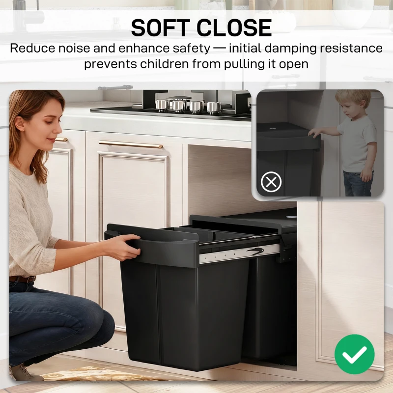 HOMCOM Pull Out Trash Can Under Cabinet, 10.6 Gallon (40L) Slide Out Garbage Can with 2 Removable Compartments, Black