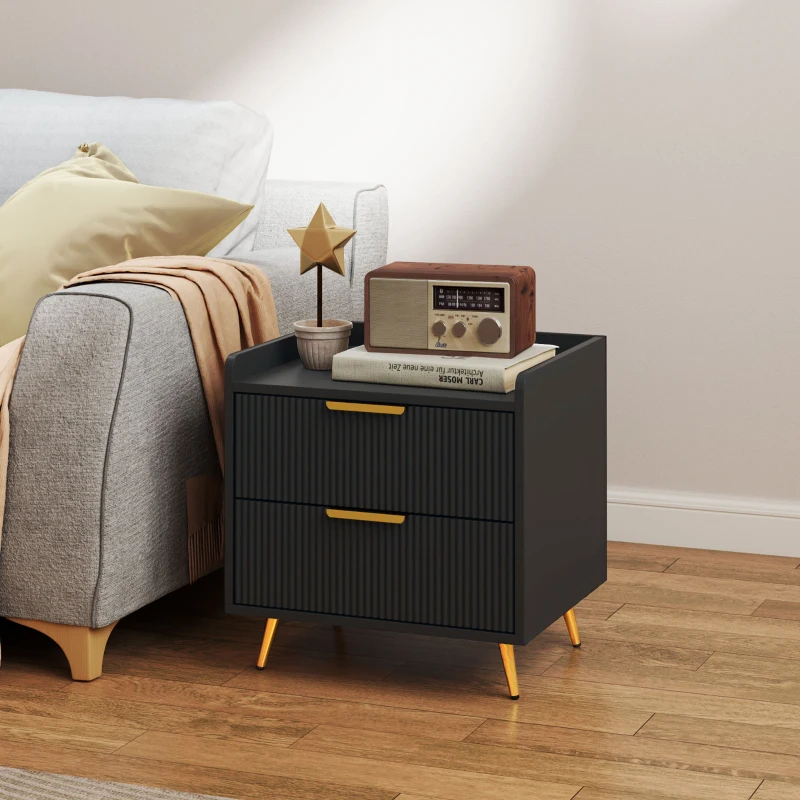 HOMCOM Bedside Table, Nightstand with 2 Drawers, Side End Table with Metal Legs for Bedroom, Black