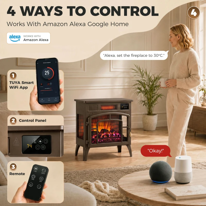 HOMCOM 3-Sided Glass WiFi Electric Fire Heater, Smart Electric Fireplace Stove, Brown