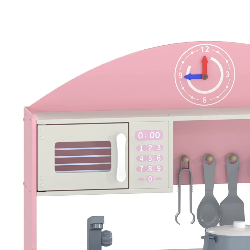 Qaba Wooden Play Kitchen Set for Kids with Real Lights & Sounds, 5PCs Accessories, Gift for Boys & Girls, Ages 3-6, Pink