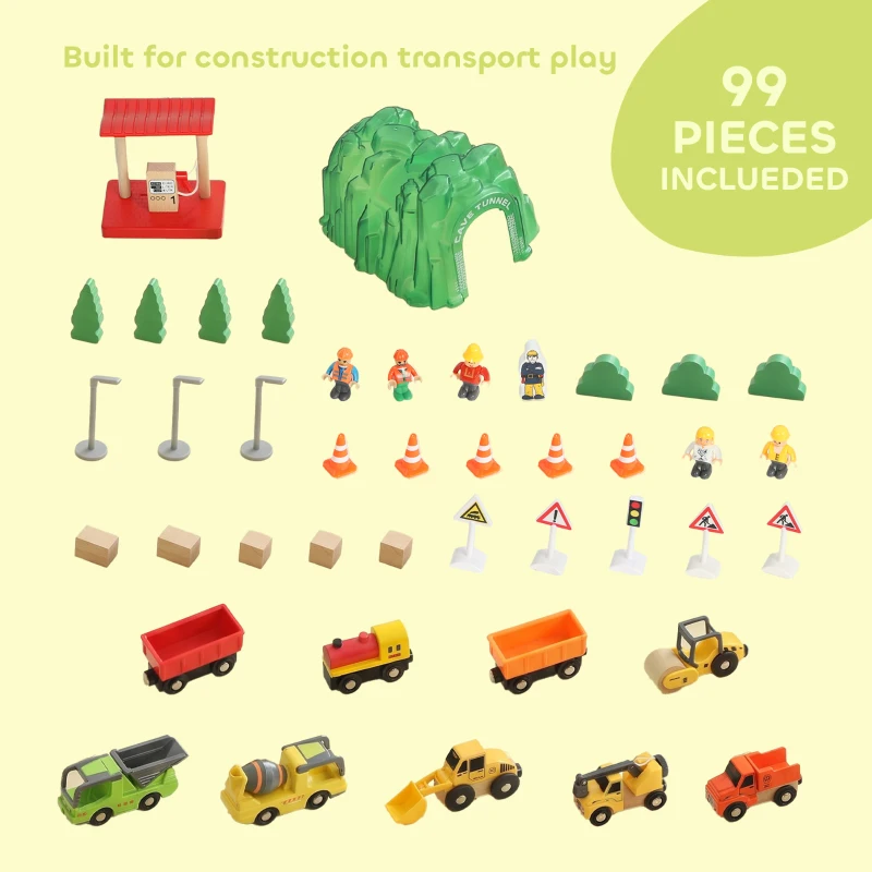 Qaba 91-Piece Wooden Train Set, Toy Railway Set with Magnetic Crane, Sound Effects Track, for Kids Ages 3+