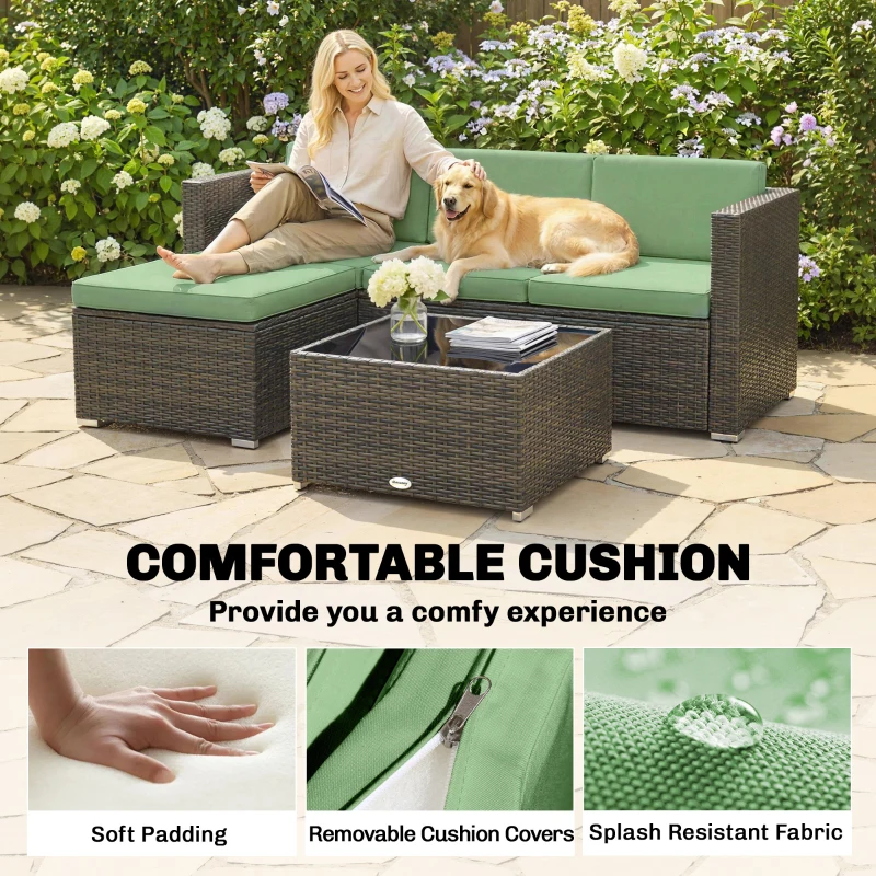 Outsunny 3 Pieces Patio Furniture Set with Cushions, Outdoor PE Rattan Wicker Conversation Corner Sofa Set, Light Green
